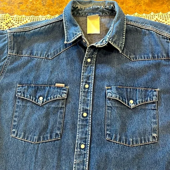VTG Carhartt Rugged Denim Western Work Shirt Overshirt Pearl Snaps Yoke Pockets - Picture 5 of 14